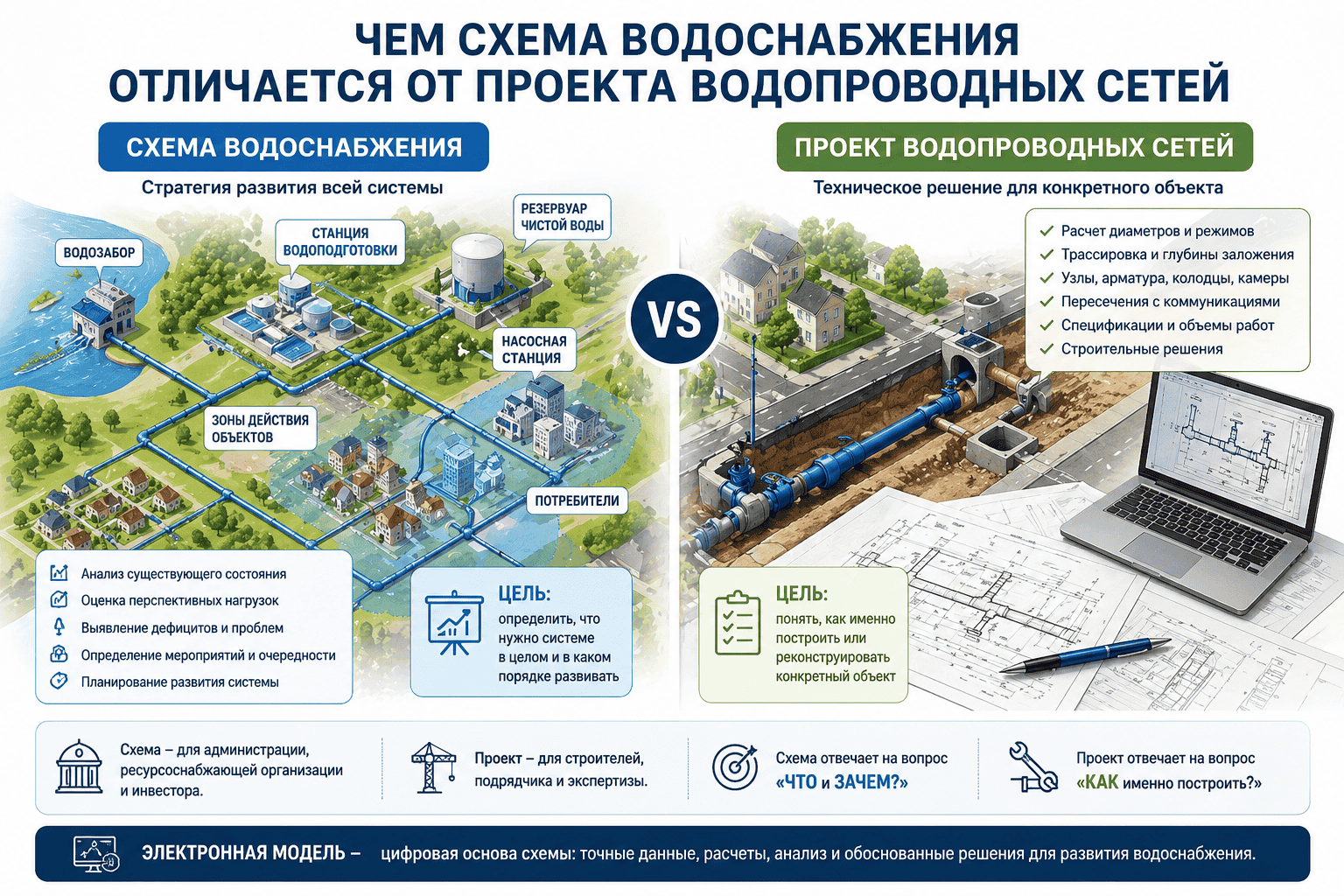 Чем схема водоснабжения отличается от проекта водопроводных сетей