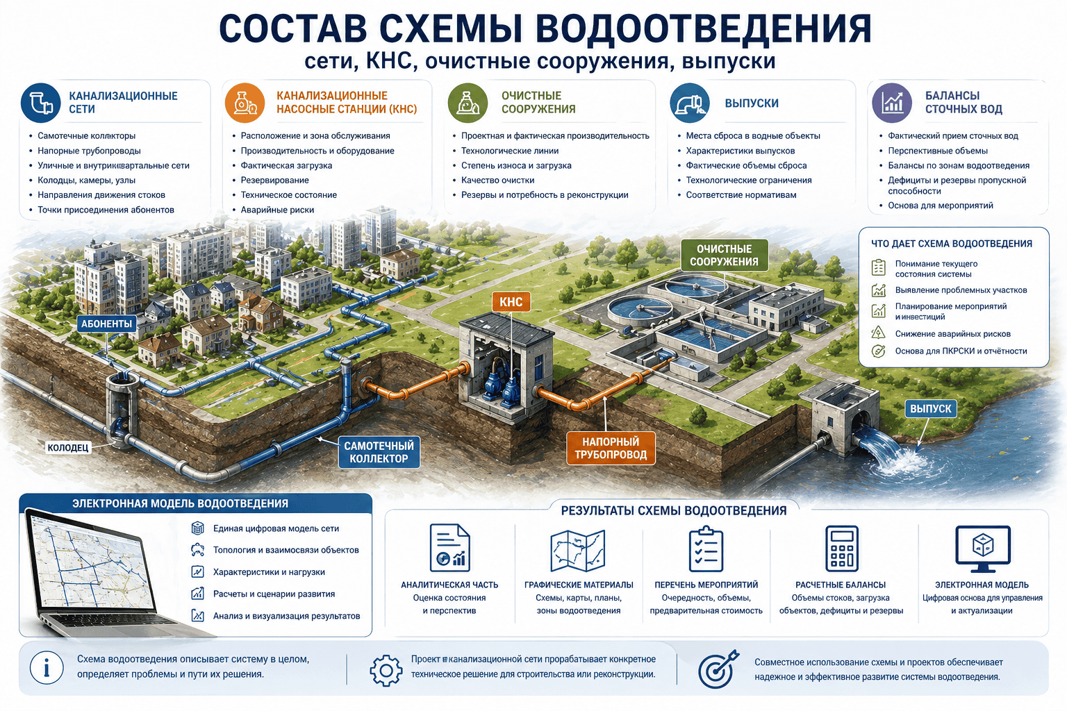 Состав схемы водоотведения: сети, КНС, очистные сооружения, выпуски